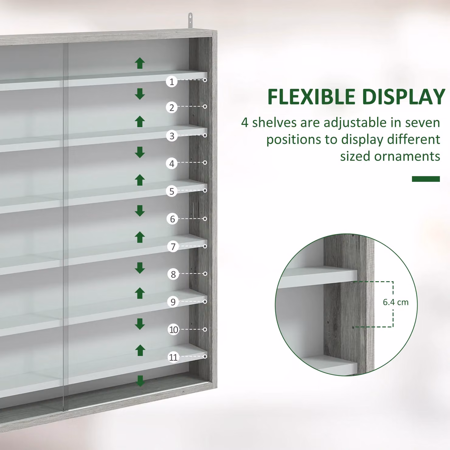 HOMCOM Wall Mounted 7-Tier Display Cabinet with Glass Doors and Internal Shelves, Grey – 3