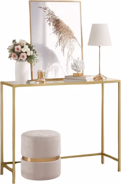 Pirlo Plush Minimalist Rectangular Tempered Glass Console Table in Gold