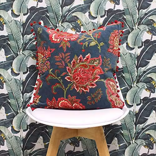 Riva Paoletti Malisa Square Paisley Indian Print Cushion in Smoke Blue with Pink Pompom Edges, W/D/H: 50 x 50 x 50 cm – 2