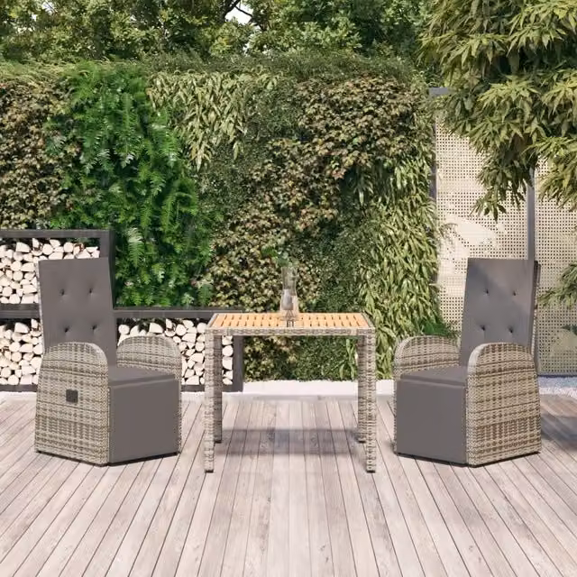 Berkfield Home 3 Piece Grey Poly Rattan and Solid Acacia Wood Garden Dining Set – 1