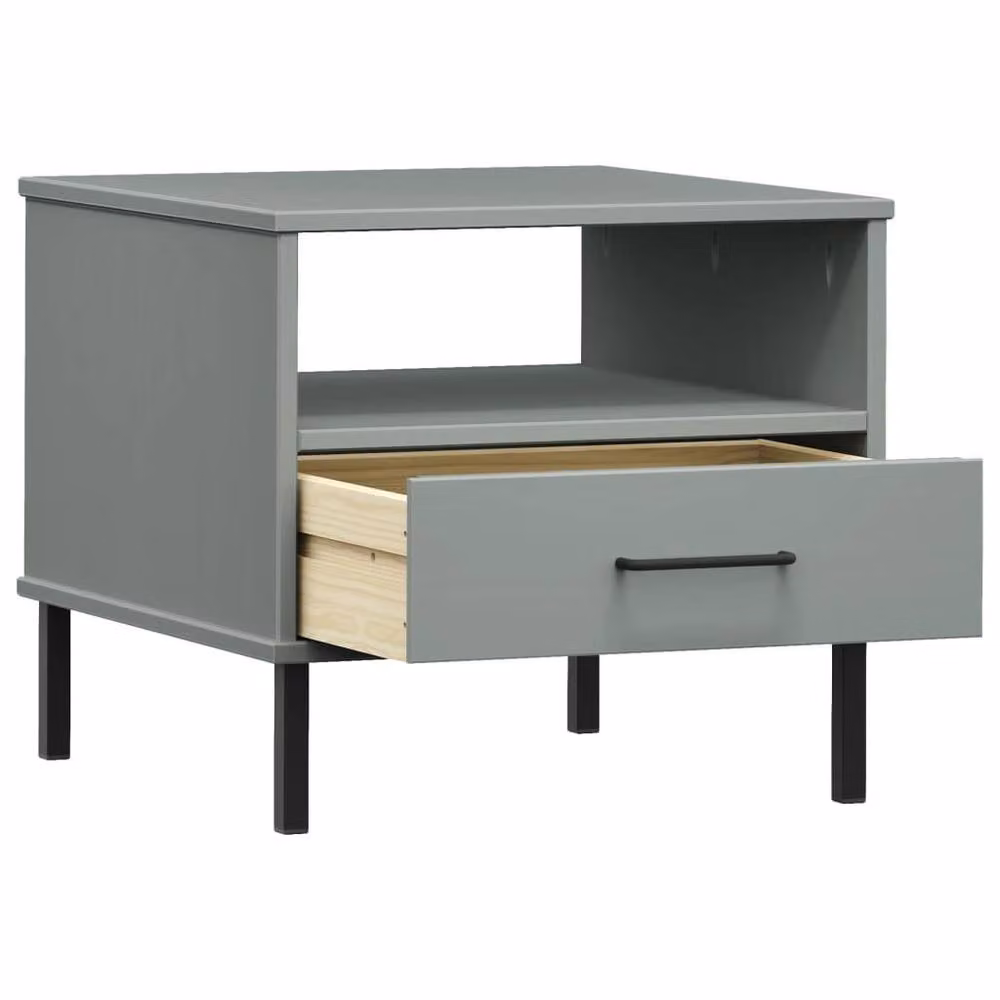 Berkfield Home Oslo Bedside Table in Grey Solid Pine Wood with Metal Legs – 4