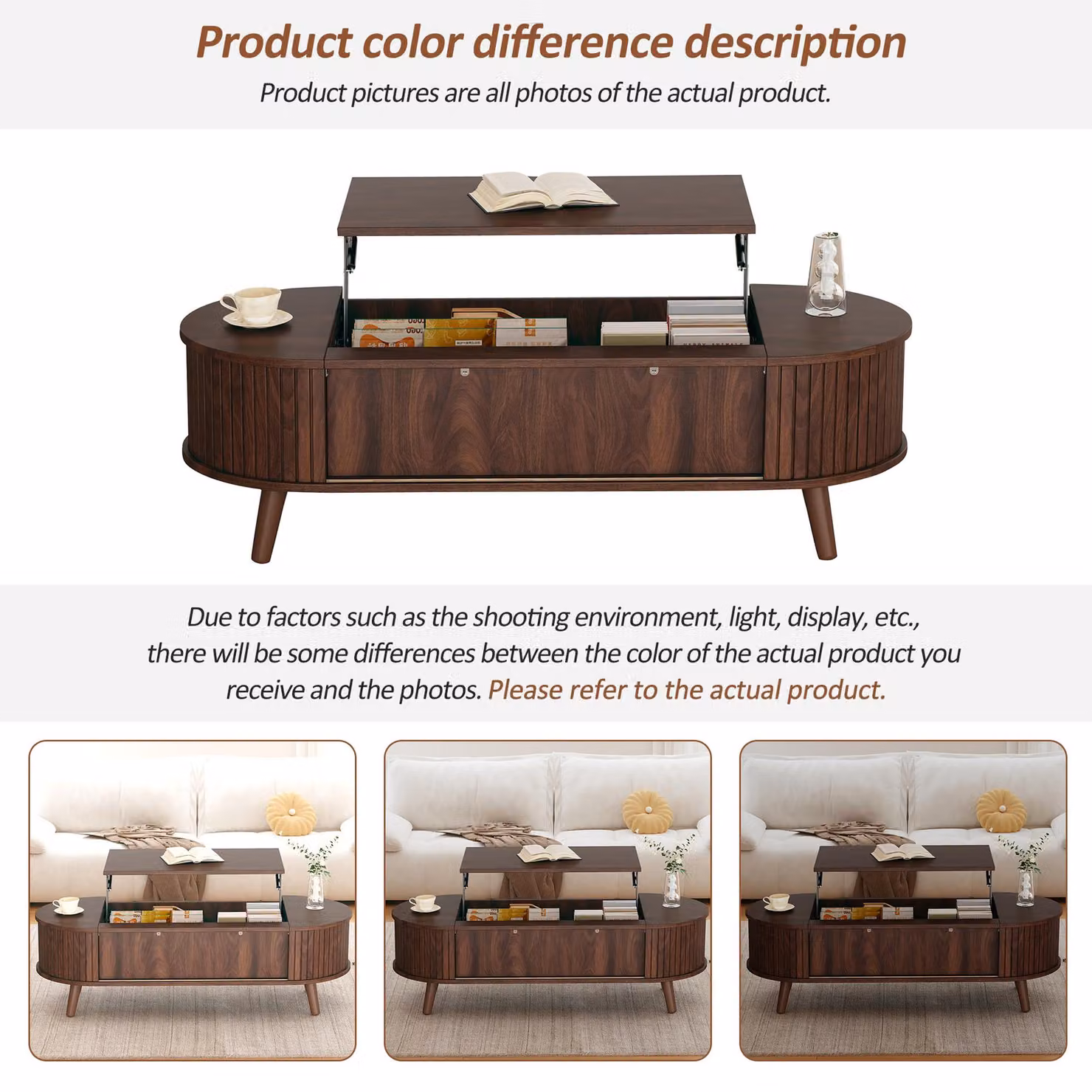 Aosom UK Oval Lift-Up Coffee Table with Roller-Shutter Doors and Solid Wood Legs, Brown, W: 120 cm, D: 50 cm, H: 39.5 cm – 4