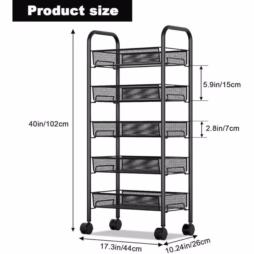 NESTLUNE 5 Tier Rolling Free Standing Kitchen Storage Cart in Matt Black, W/D/H: 100 x 15 x 5 cm – 2