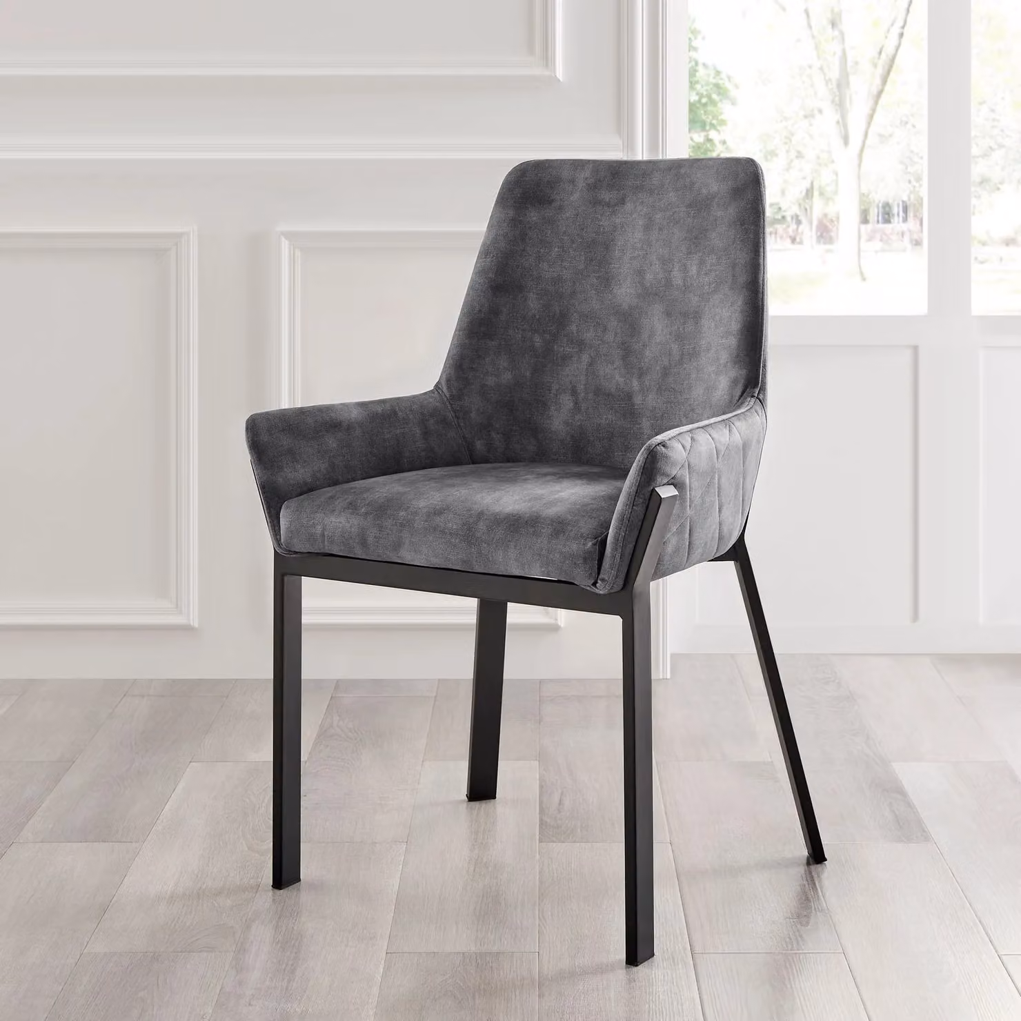 Modish Furnishing Nova Set of 2 Grey Velvet Dining Chairs with Black Metal Legs – 3