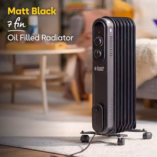 Russell Hobbs 1500W Black Oil Filled Radiator with Thermostat, Overheat and Tilt Protection – 3