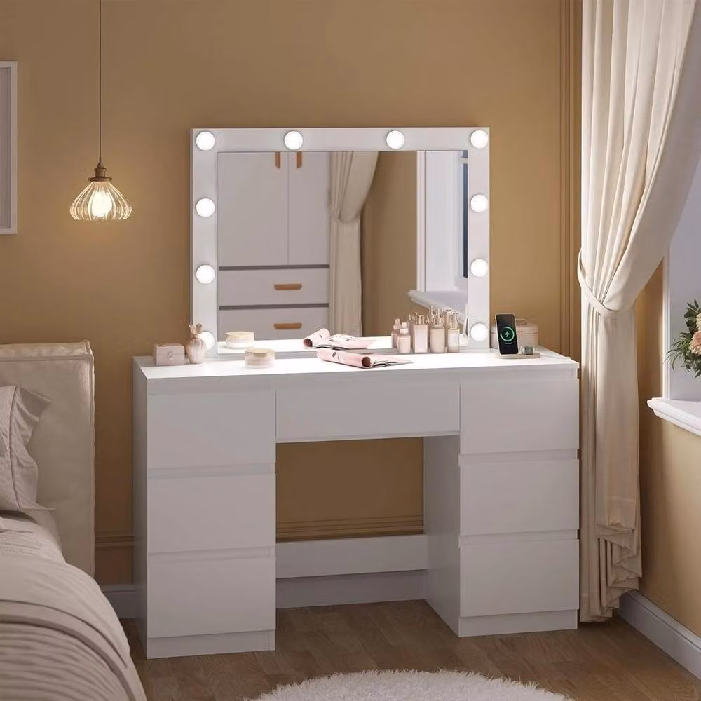 FORGEVIO Modern White Vanity Makeup Desk with Hollywood LED Lights and Large Mirror – 3