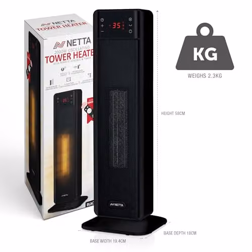 Netta 2000W Black Ceramic Fan Tower Heater with Remote Control and LED Display – 7