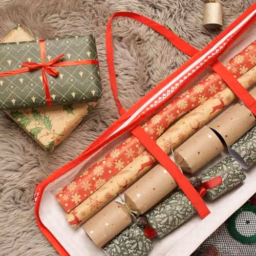 OHS Set of 2 Nordic Christmas Wrapping Paper Storage Bags in Red and White with Interior Mesh Pockets and Handles – 2