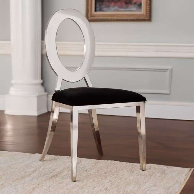 Orsina Luxe Round Back Dining Chair, Black Velvet Upholstered Modern Armless Accent Chair with Silver Metal and Wood Details – 2