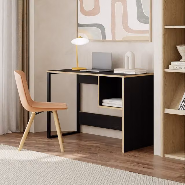 Decortie Model 4 Modern Writing Desk with Square Shelf in Black MDF