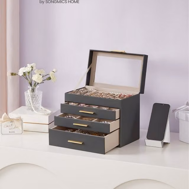 SONGMICS 4-Tier Jewellery Box Organiser with Glass Lid, Grey