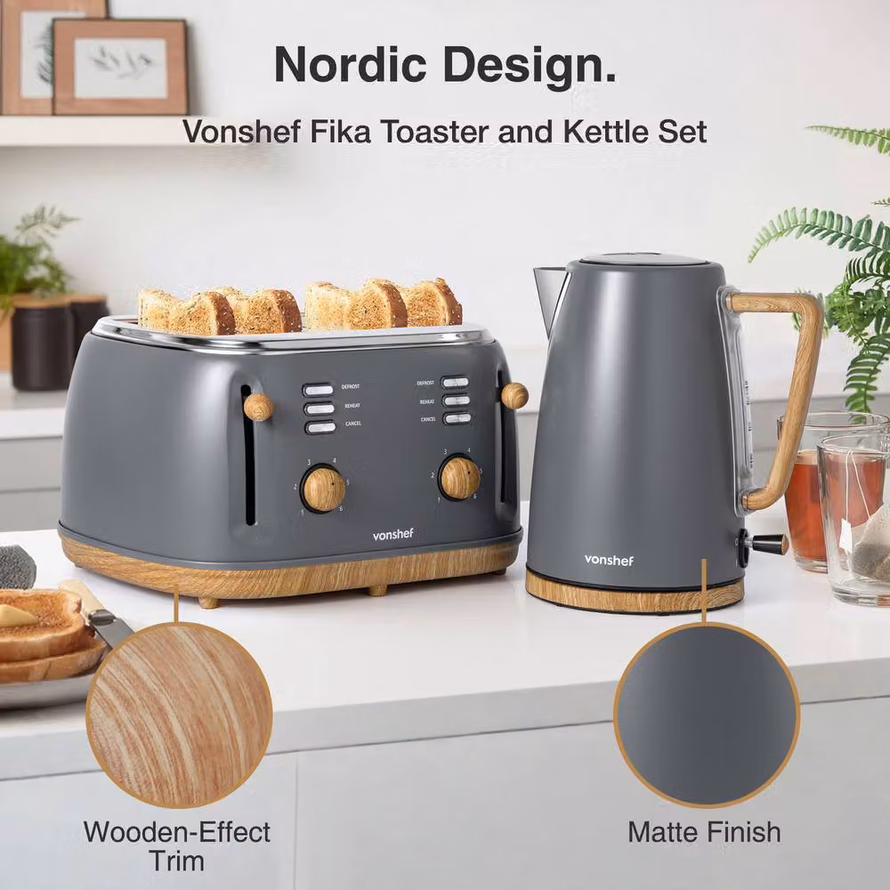 VonShef Fika Grey Kettle and 4 Slice Toaster Set – 2