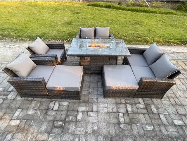 Fimous 8 Seater Rattan Garden Furniture Set with Gas Fire Pit, 2 Two-Seater Sofas and 2 Footstools in Dark Grey