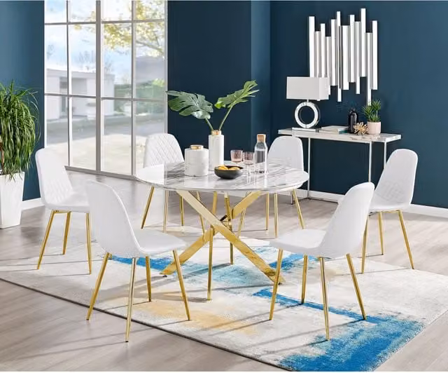 FurnitureboxUK Novara White Marble Effect Round Dining Table with 6 Corona Gold Leg Chairs, White and Gold