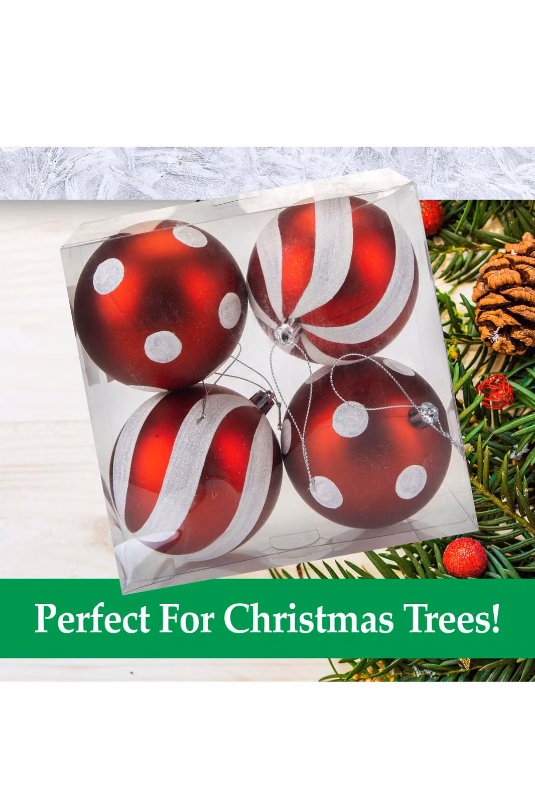 VFM Red and White Candy Cane Striped Baubles (4 Pack) - Christmas Tree Decorations, Diameter: 9 cm – 2
