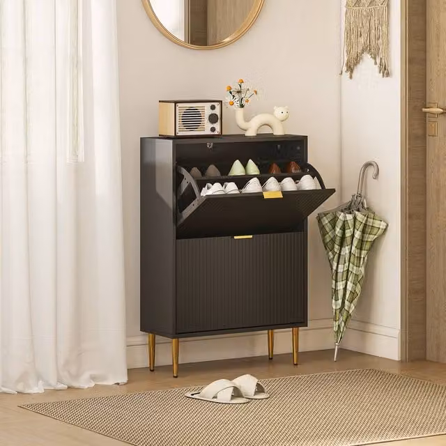 HOMCOM Slim Black Shoe Storage Cabinet with 2 Tilting Compartments and Gold Details for Hallways, H 91.5 x W 60.0 x D 2.0 cm