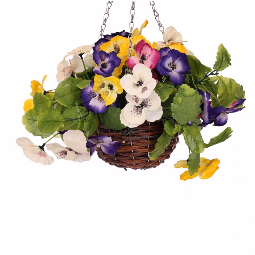 Oypla Artificial Hanging Wicker Basket with Multicoloured Pansy Flowers in Brown and Green – 3