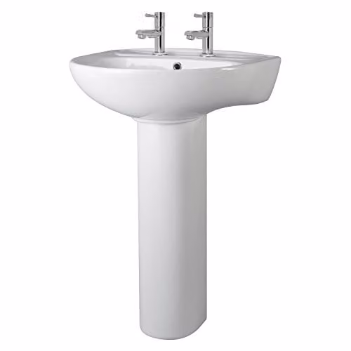 Nuie CML003 Modern Ceramic 2 Tap Hole Oval Basin with Full Pedestal, White, W: 55.0 cm, D: 47.5 cm, H: 84.0 cm – 1