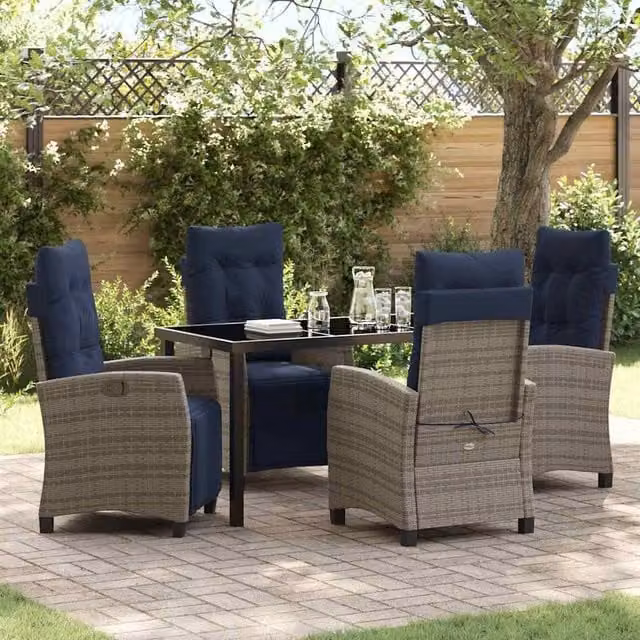 Berkfield Home 5 Piece Grey Poly Rattan Garden Dining Set with Cushions