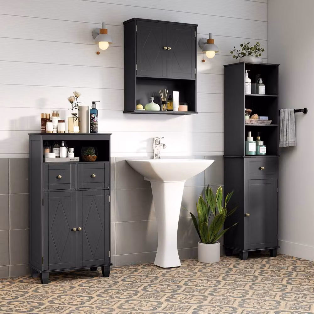 Costway Modern Black Bathroom Floor Storage Cabinet with Drawers and Shelves – 6