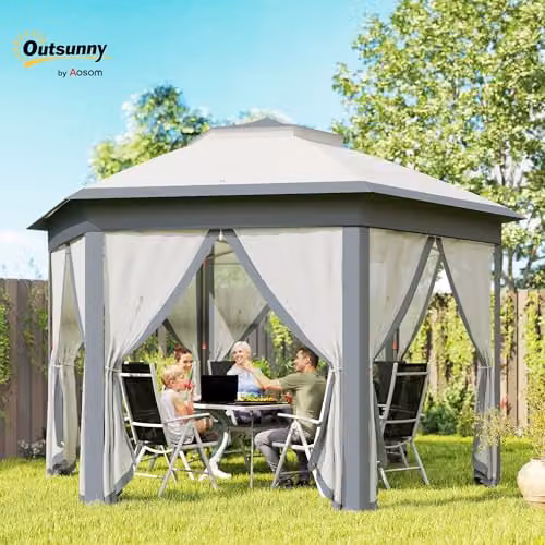 Outsunny Grey Hexagon Pop Up Garden Gazebo with Metal Frame, W: 3.4 m, D: 4.05 m, H: 2.85 m – 2