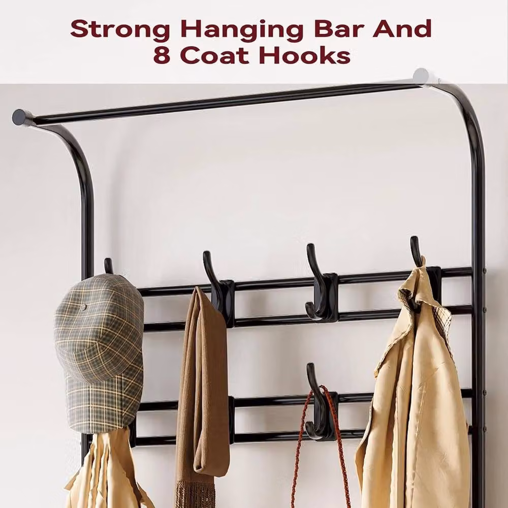 VOGREX Narrow Hall Tree Storage Bench and 4-in-1 Coat Rack with 3-Tier Shoe Rack in Black – 4