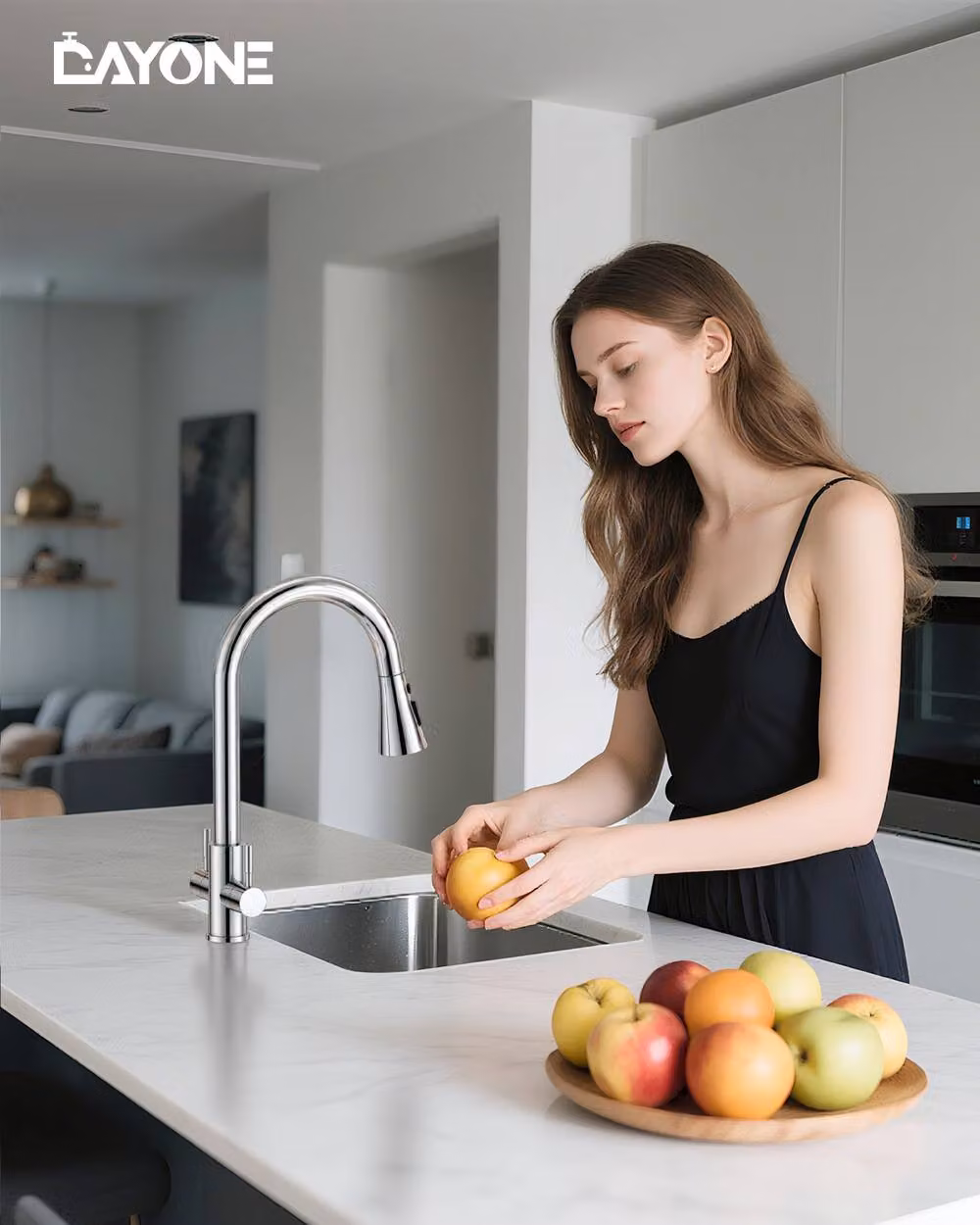 Dayone Sleek Dual Lever Kitchen Tap in Silver Stainless Steel with Pull Out Spray Spout and 360 Degree Swivel – 2