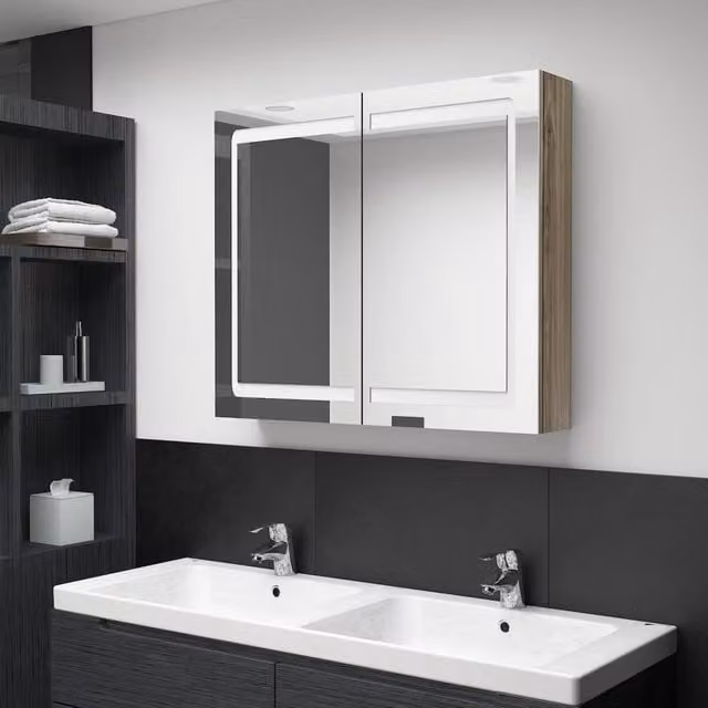 Berkfield Home LED Bathroom Mirror Cabinet in Brown Oak, W/D/H: 80 x 12 x 68 cm