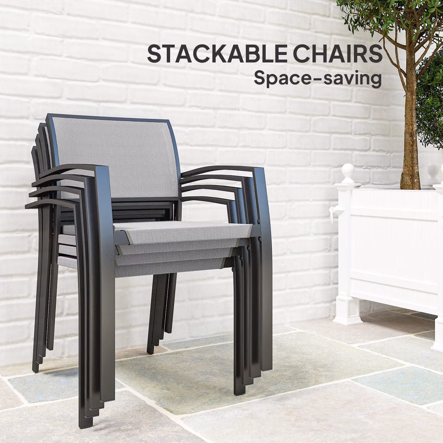 Outsunny 5 Piece Grey Garden Furniture Set with Square Table and 4 Stackable Armchairs featuring Powder Coated Steel Frame and Texteline Seats – 3