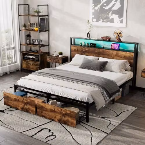 Matteo Black Metal Double Bed with LED Light Strip, 2 Drawers and USB Charging Ports, 140 x 200 cm