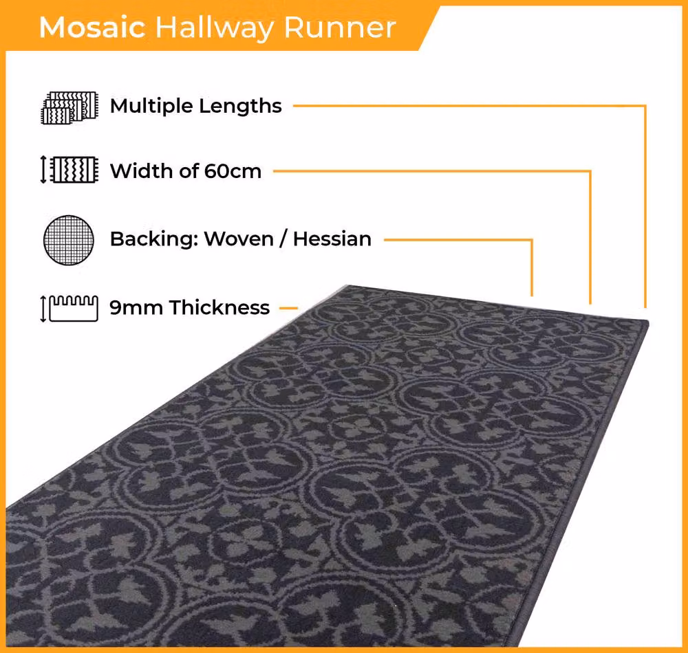 runrug Mosaic Hallway Carpet Runner Rug in Grey, W: 60 cm x L: 420 cm – 2