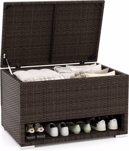 Gymax Brown PE Rattan Deck Box with Shoe Rack and 180L Storage Capacity for Cushions and Tools – 1