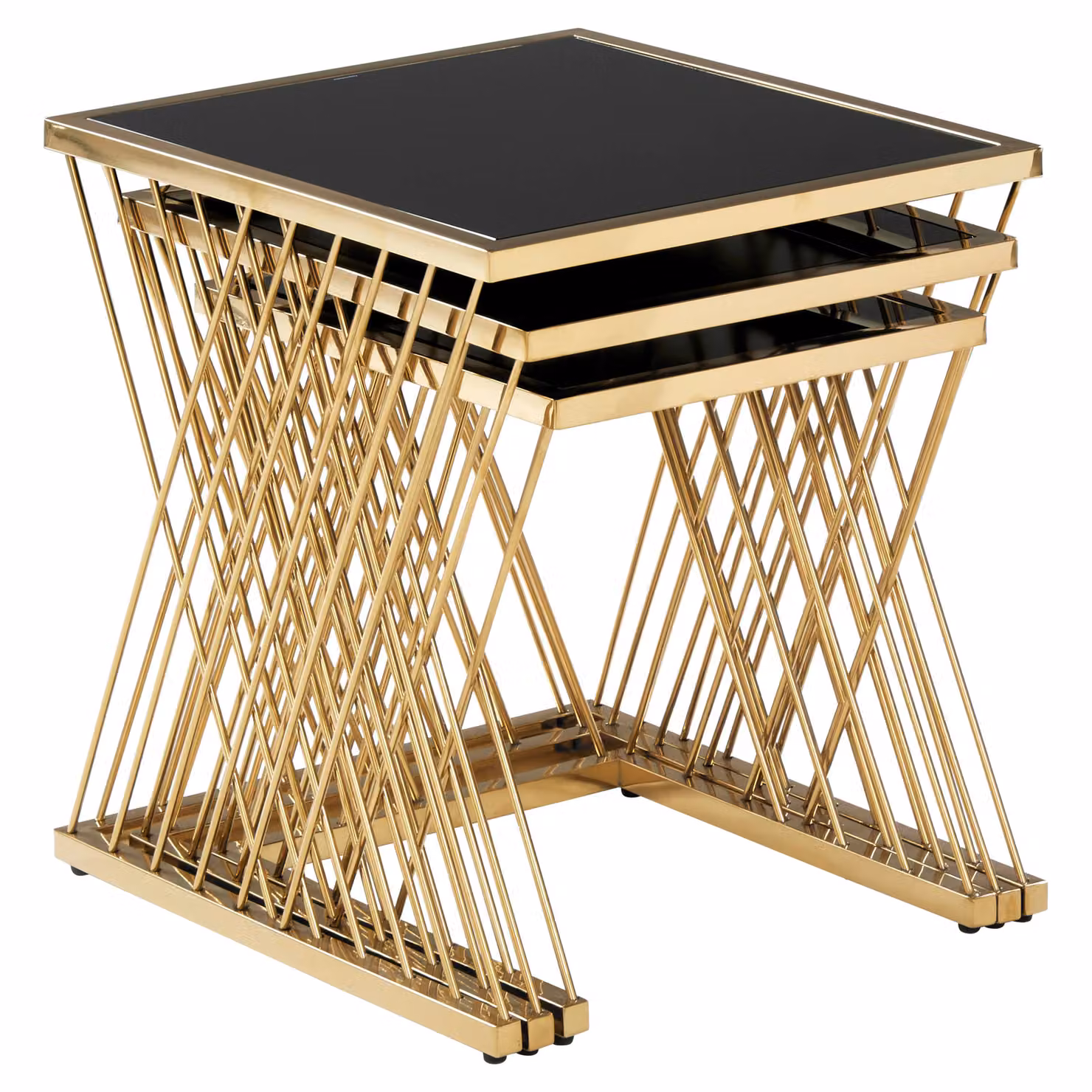 Orsina Set of 3 Geometric Square Nesting Tables in Gold and Black with Glass Tops – 2