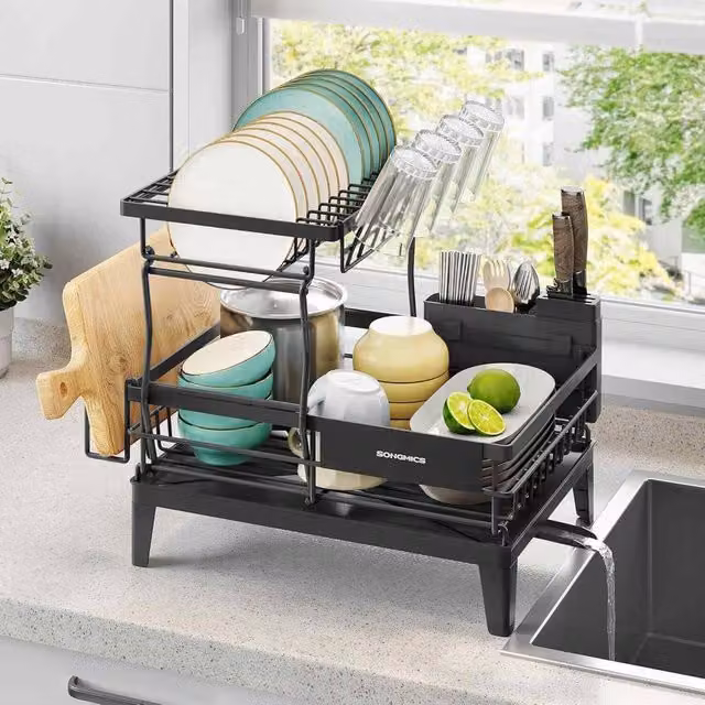 The Bazaarist 2 Tier Dish Drying Rack with Rotating Spout, Black – 1