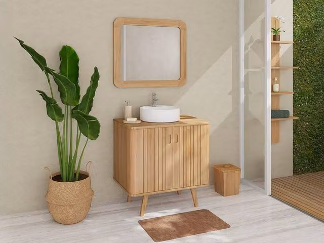 Vente-unique Freestanding Teak Bathroom Vanity Unit with Round Ceramic Countertop in Light Oak Brown – 1