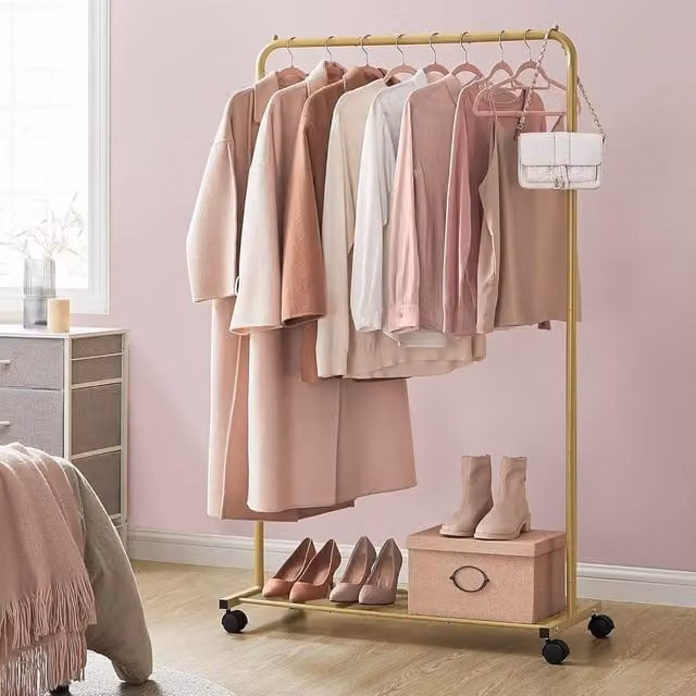 SONGMICS Clothes Rail with Storage Shelf and Lockable Wheels in Matt Gold, H 158 x W 40.5 x D 40 cm