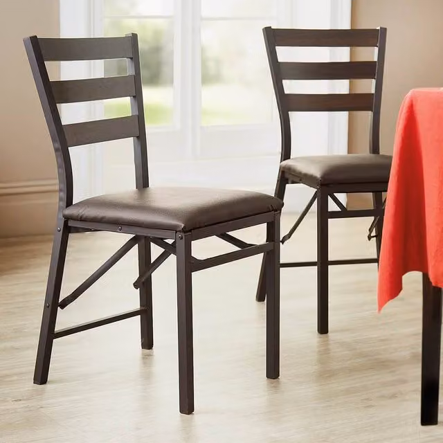 Coopers of Stortford Pair of Folding Dining Chairs with Brown Faux Leather Padded Seats – 1