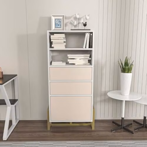 DECOROTIKA Utopia Industrial Bookcase with 3 Cabinets and 2 Shelves, White and Beige, H: 137.0 cm, W: 60.0 cm, D: 35.0 cm – 1