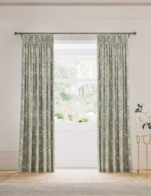 V&A Daffodil Floral Pure Cotton Pencil Pleat Blackout Curtains, Green Mix
