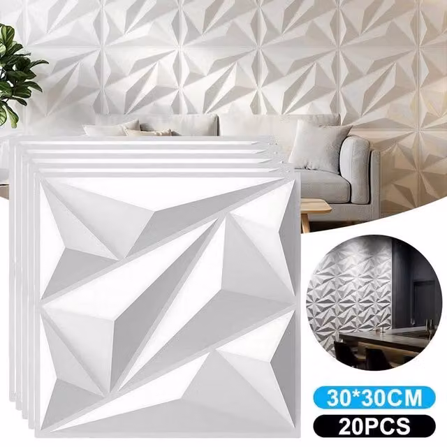 NESTLUNE 20-Piece Geometric 3D Wall Panels, White PVC, W/D/H: 30 x 30 x 0.3 cm