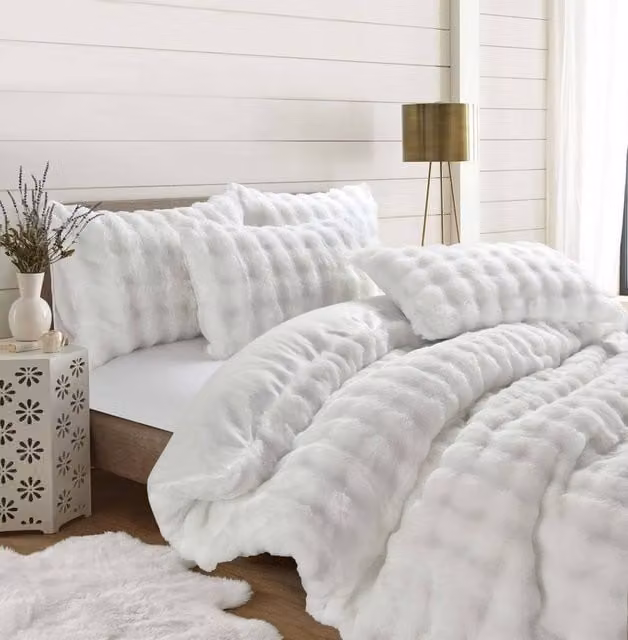 Homes-Linen Teddy Square Plush Duvet Cover Set in White, Double Size (Duvet Cover: 200 x 200 cm, Pillowcase: 140 x 200 cm)