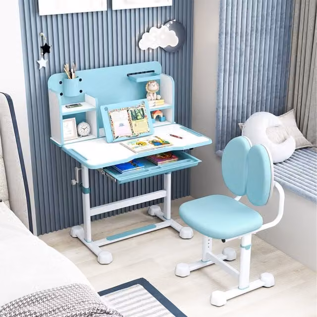 Costway Blue Childrens Height Adjustable Study Desk and Chair Set with Tilting Top