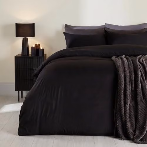 Brentfords Plain Dyed Microfibre Duvet Cover and Pillowcase Set, Black, W: 220 cm, L: 230 cm, Duvet Cover: 180 x 200 cm – 1