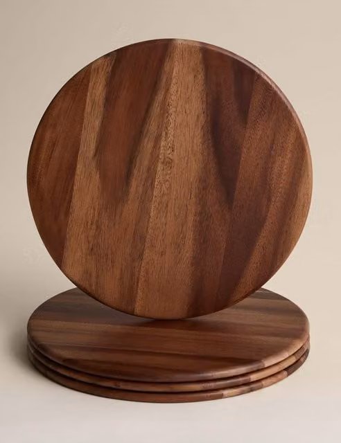 M&S Set of 4 Rustic Round Wooden Placemats in Brown and Beige