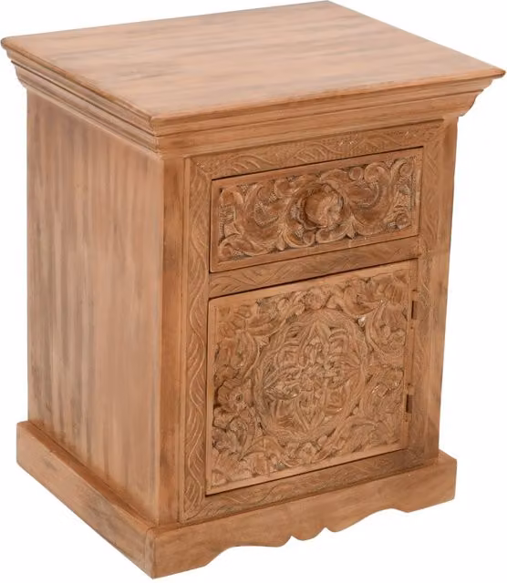 IH Design Shabby Chic Floral Carved Mango Wood Bedside Table in Brown