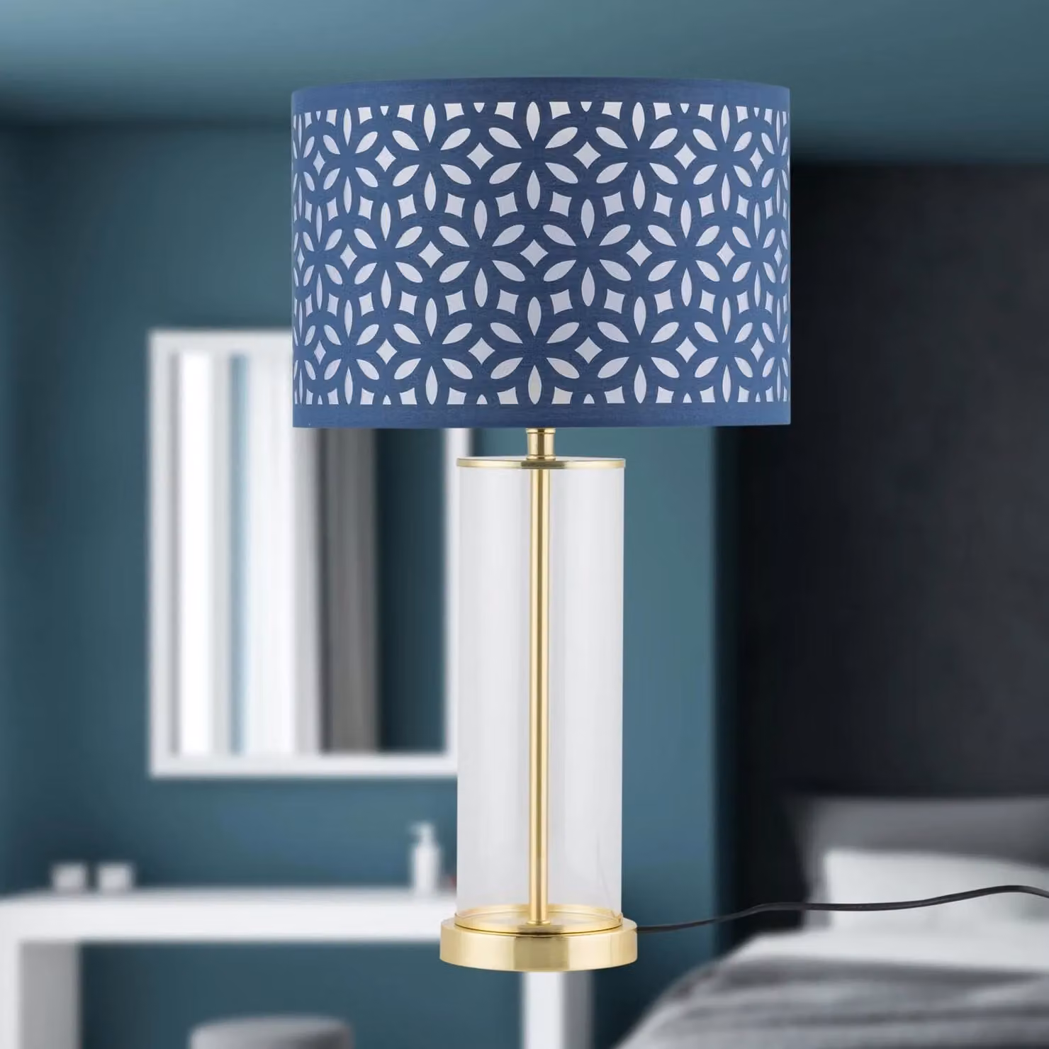First Choice Lighting Aura Table Lamp in Satin Brass with Navy Blue Shade – 4