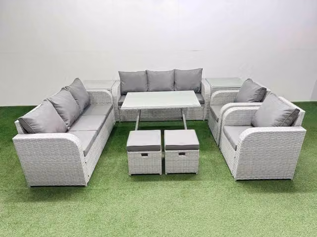 Fimous Rattan High Back Lounge Sofa Set with Reclining Chairs and 2 Side Tables in Light Grey