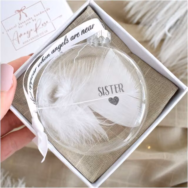Amaya Rose Ltd In Memory of Sister Feather Round Glass Bauble in Clear and White