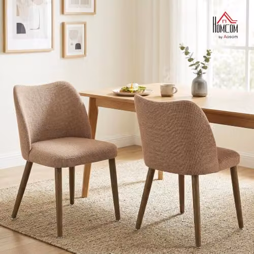HOMCOM Set of 2 Brown Linen Upholstered Dining Chairs with Rubberwood Legs – 2
