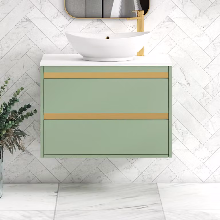 Royal Bathrooms Orion 800mm Wall Hung Vanity Unit with Amaze Basin in Mint Sage and White with Brushed Brass Accents